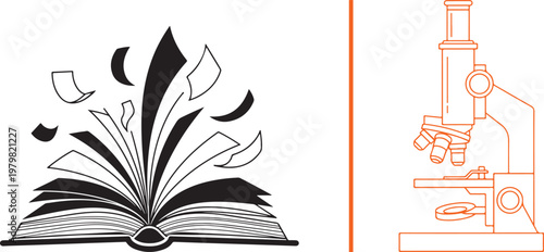 Open book with flying pages and microscope illustration