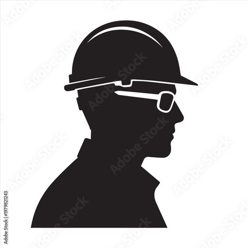 Black vector illustration of a man wearing a business hat and a soldier helmet profile silhouette
