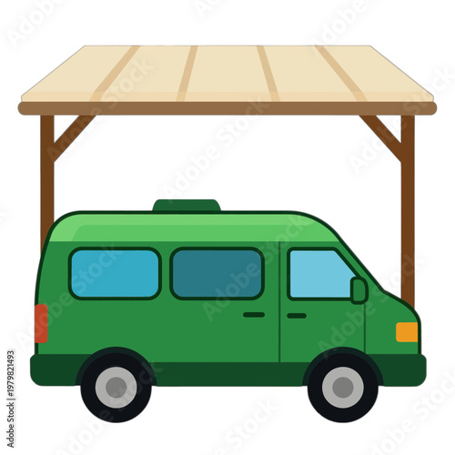Green Van under Wooden Carport Flat Icon