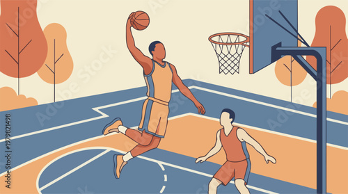 Basketball players on court, one jumping for a dunk, minimalist illustration