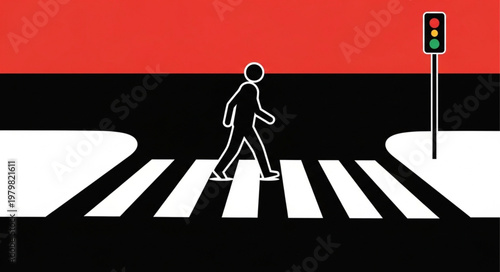 Pedestrian crossing street with traffic signal showing green light.