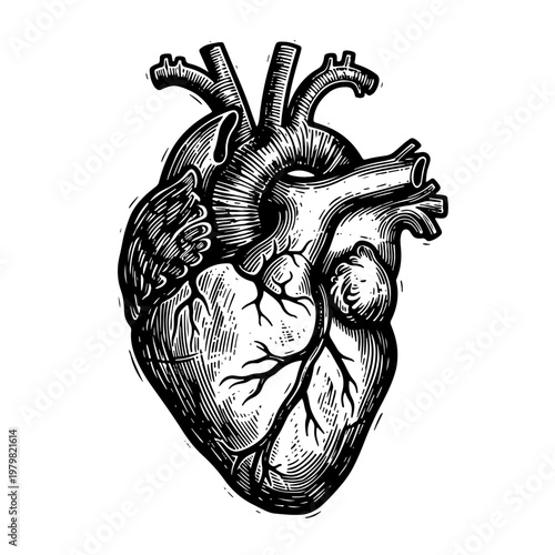 Detailed woodcut-style vector illustration of a human heart with visible veins and arteries on a white background.