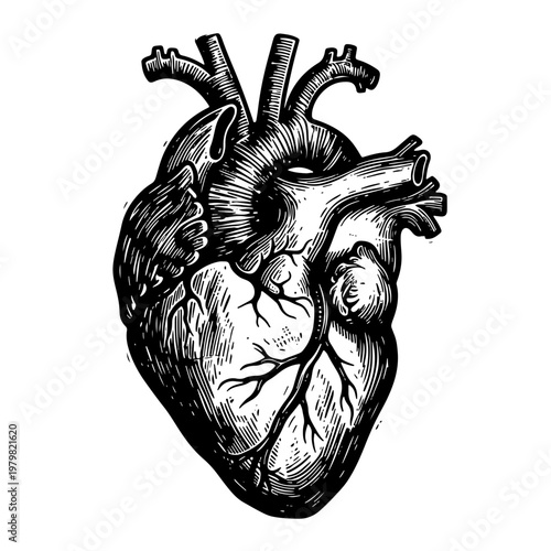 Detailed woodcut-style vector illustration of a human heart with arteries and veins on a white background, anatomical structure.