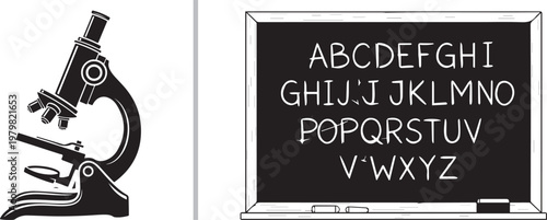 Black and white illustration of a microscope and a chalkboard with alphabet