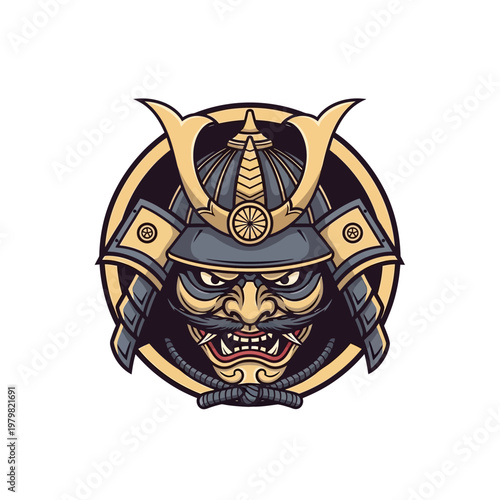 Samurai Warrior Mask Emblem - Traditional Japanese Warrior Face