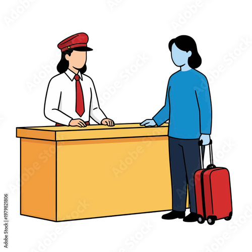 Hotel Reception Desk with Guest and Luggage Flat Icon
