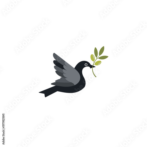 Stylized Dove Flying with Olive Branch, Peace Symbol, Vector Illustration on White Background