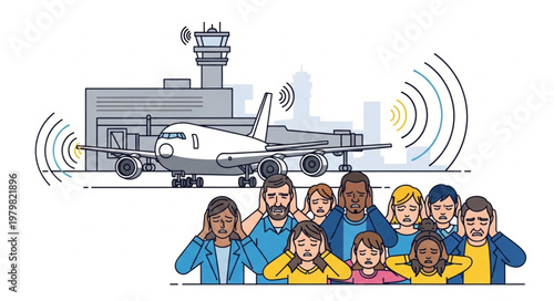 People covering ears from airplane noise at airport.