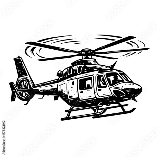 A black and white woodcut-style vector illustration of a helicopter in flight with rotor blades, showcasing a classic and timeless design on a plain white background.