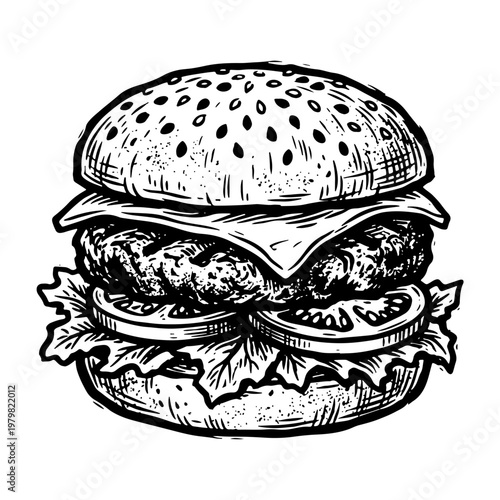 A delicious woodcut-style vector illustration of a cheeseburger with lettuce, tomato, and sesame seed bun, isolated on a white background, perfect for culinary designs.