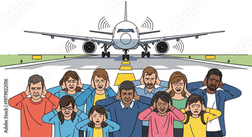 People covering ears from airplane noise on runway.