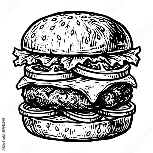 Black and white woodcut style vector illustration of a juicy double-decker burger with lettuce, cheese, and sesame seed buns on a clean white background.