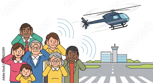 People covering ears from helicopter noise near airport.