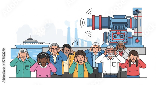 People covering ears from industrial noise pollution near a factory and ship.