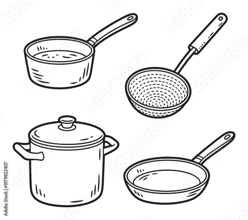 Black and White of Assorted Kitchen Cookware