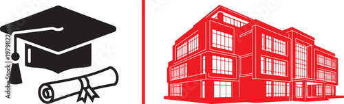 Graduation cap and diploma icon next to a red building illustration