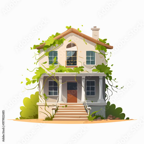 Charming Abandoned House Overgrown with Lush Green Ivy and Vines