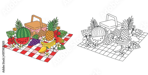 Tropical Summer Picnic with Fruits and Flowers Coloring Page and Color Illustration Set for Kids Activity Vector