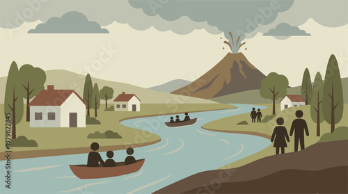People evacuating a village by boat and foot from an erupting volcano