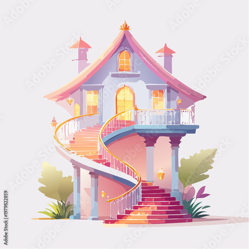 Fairytale house with a grand spiral staircase illuminated by soft lights