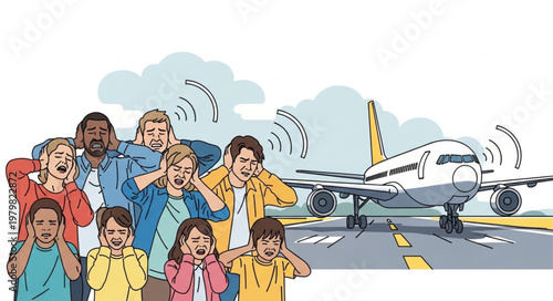 People covering ears from loud airplane noise on runway.