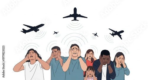 People covering ears from loud airplane noise pollution.