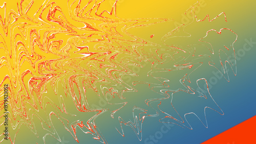 Abstract digital artwork with vivid gradient background of yellow, blue, and orange featuring swirling jagged wave‑like distorted patterns