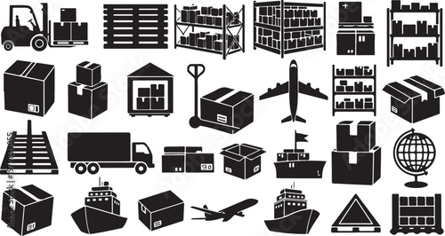 Logistics and shipping icons in black and white illustration