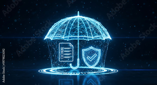 Digital representation of an umbrella protecting a checklist and a shield, symbolizing security and protection in a technological context.