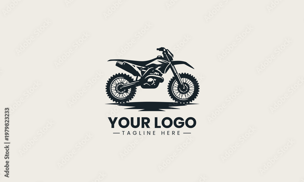 Obraz premium Black off road dirt bike motorcycle side view is presented as bold monochrome vector logo on clean white background for motorsport and adventure branding use