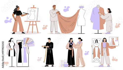 Fashion designers and tailors working together in a studio, sketching, draping fabric, and displaying finished garments on mannequins.
