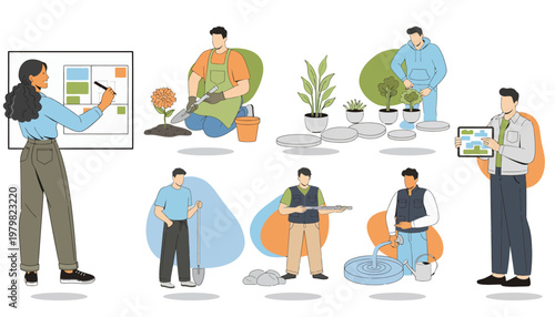Diverse group of people engaged in various gardening and landscape design activities, illustrating a comprehensive approach to urban greening and environmental care.