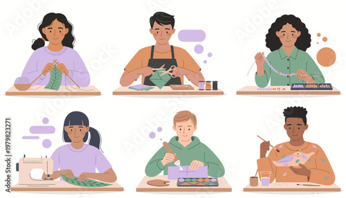 Diverse group of people engaged in various creative hobbies and crafts, including knitting, sewing, painting, and jewelry making.