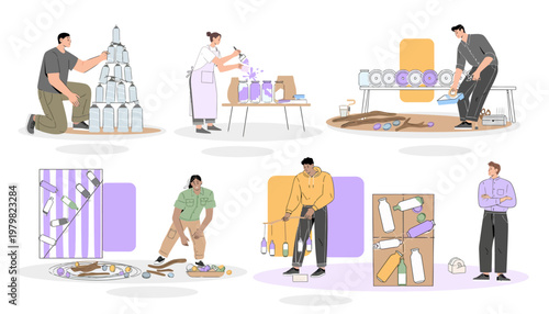 People engaged in various recycling and upcycling activities, transforming plastic waste into new items and art.