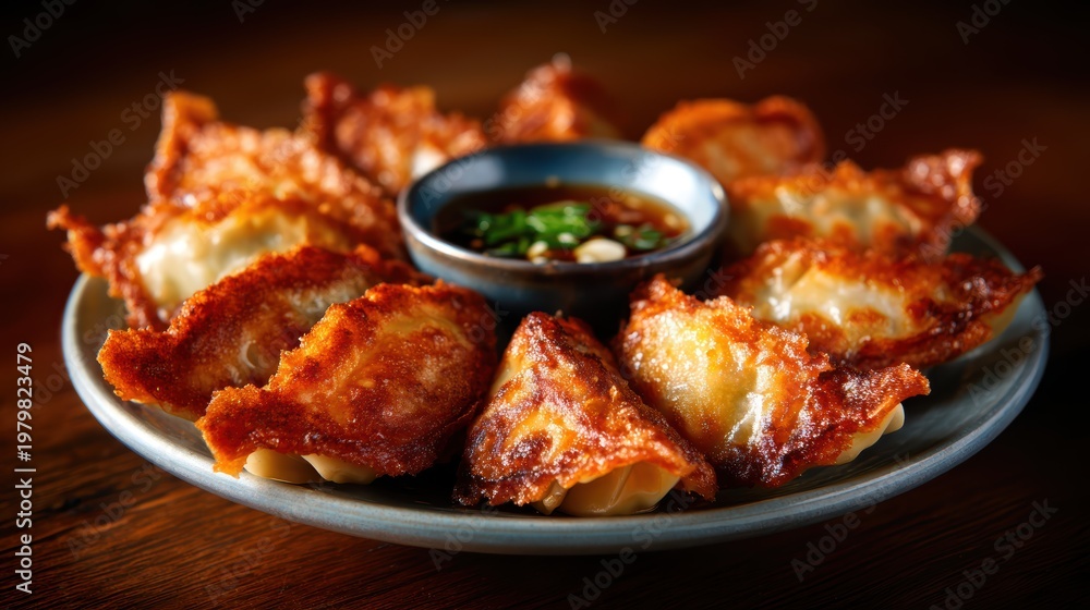 Fototapeta premium A vibrant plate of golden-brown dumplings served with a rich dipping sauce, showcasing the perfect crispy texture and tempting appearance of this delightful dish.