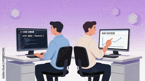 Two programmers coding and debugging