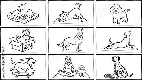 Set of dog line art illustrations showing various breeds in different poses for animal lovers.