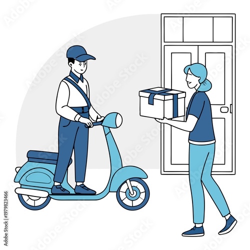 Modern delivery illustration with courier on scooter handing package to recipient at door, clean blue tones, representing shipping, courier service, and fast package transportation concept
