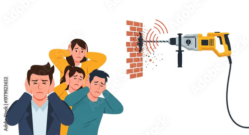 People covering ears from loud drilling noise construction work.