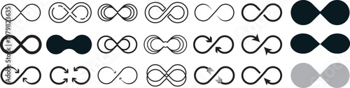 Minimalist infinity sign collection, creative black icons of unlimited loop shapes for modern branding and logo design.