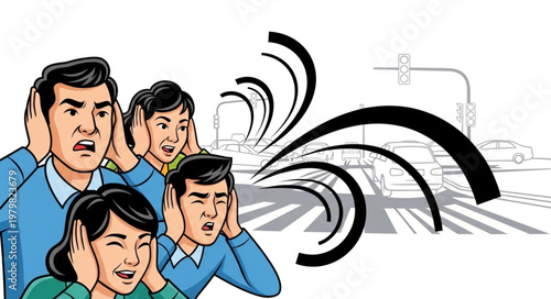 People covering ears from loud city noise pollution.