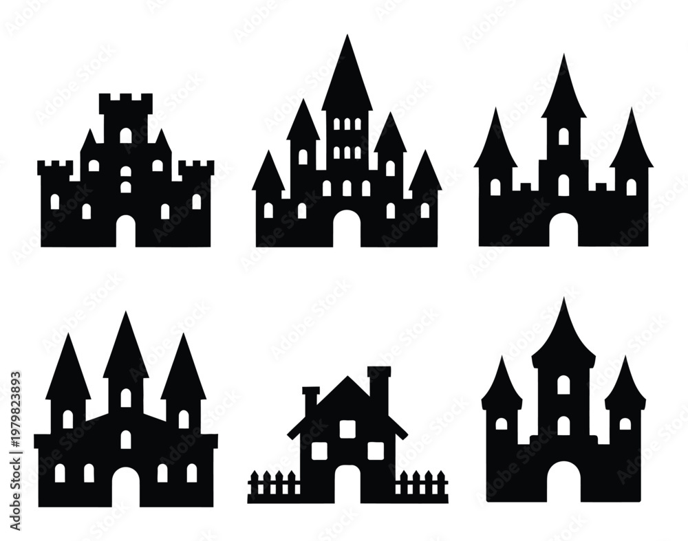 Obraz premium Collection of Black Silhouette Castles and Houses for Halloween or Fantasy Themes