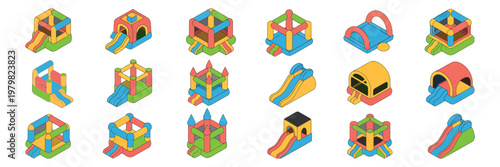 Inflatable bouncy house icons set, colorful isometric collection of inflatable castles and slides, representing children’s parties, outdoor events, fun, and entertainment, ideal for event planning, 