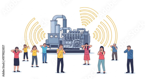 People covering ears from loud generator noise pollution concept.