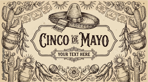 Vintage Cinco de Mayo Celebration Illustration with Sombrero Cacti Chili Peppers and Maracas for Mexican Fiesta Party Design