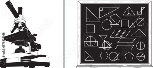 Microscope and geometric shapes on blackboard illustration