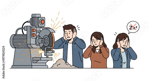 People covering ears from loud industrial machine noise.