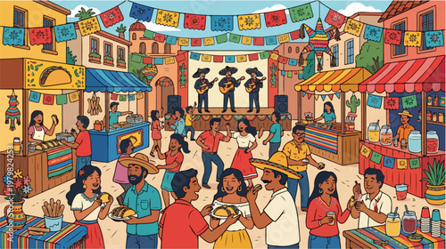 Vibrant Mexican Fiesta Scene with Mariachi Band Food Stalls and Dancing People Celebrating Culture and Tradition in a Lively Town Square