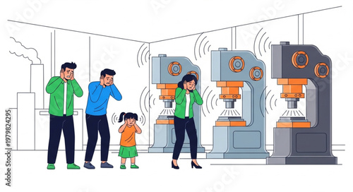 People covering ears from loud industrial machinery noise.