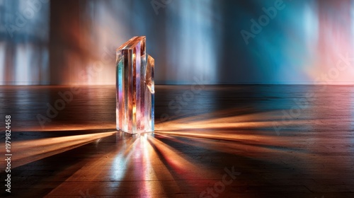 A stunning crystal structure standing tall in a gallery, capturing and refracting light, creating a spectrum of colors that enrich the artistic ambiance of the space.